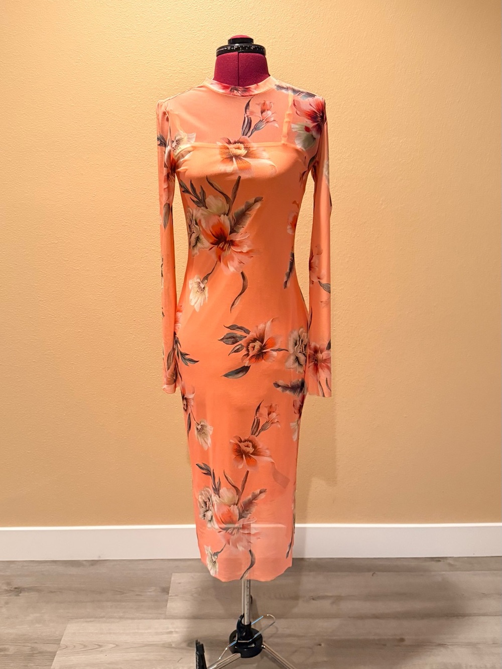 AFRM Coral Floral Long-Sleeve Midi Dress